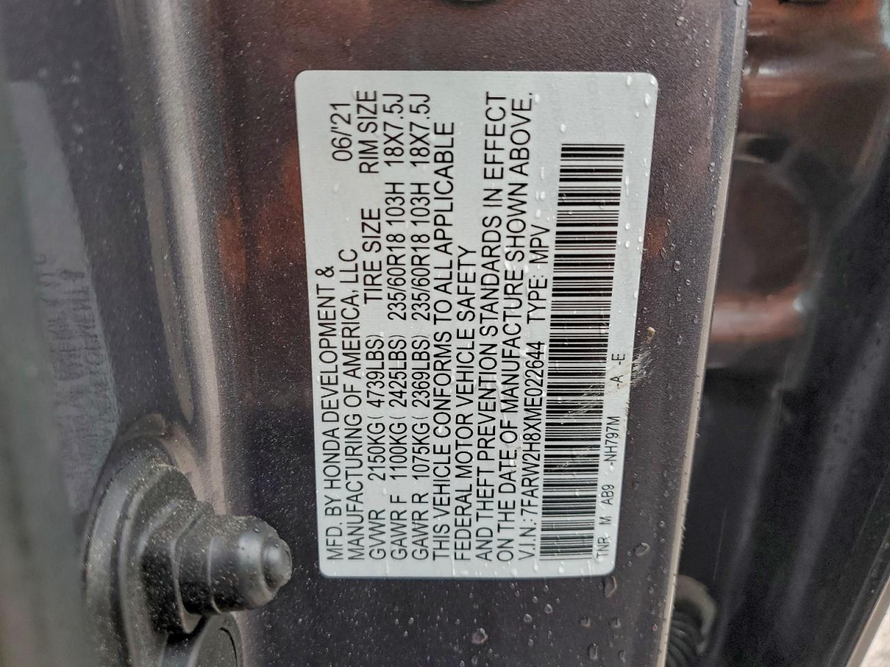 2021 Honda Cr-V Exl VIN: 7FARW2H8XME022644 Lot: 93732965