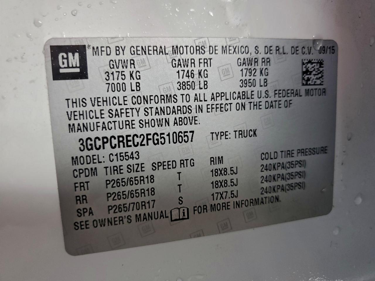 2015 Chevrolet Silverado C1500 Lt VIN: 3GCPCREC2FG510657 Lot: 94325505