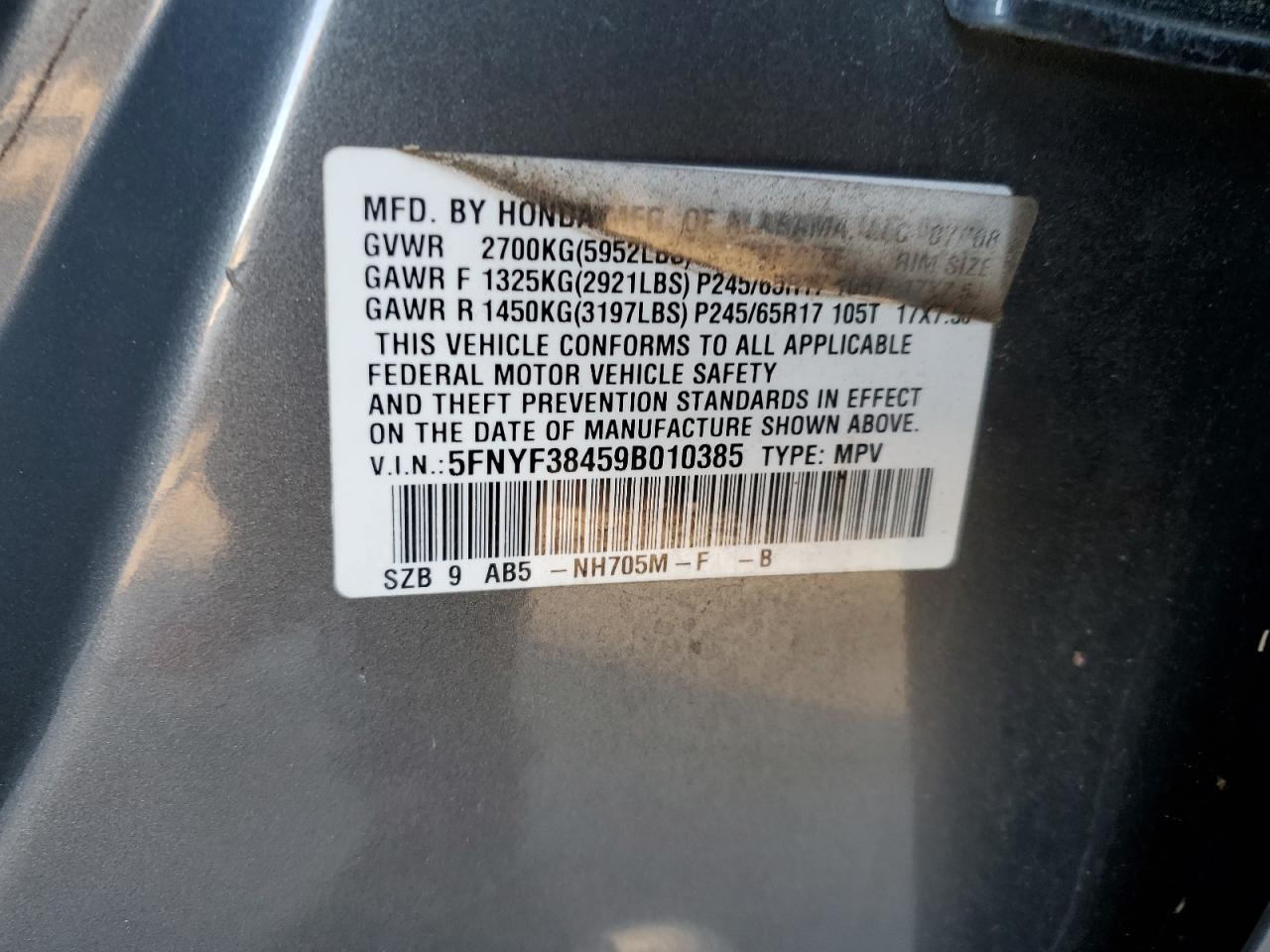 2009 Honda Pilot Ex VIN: 5FNYF38459B010385 Lot: 91196165