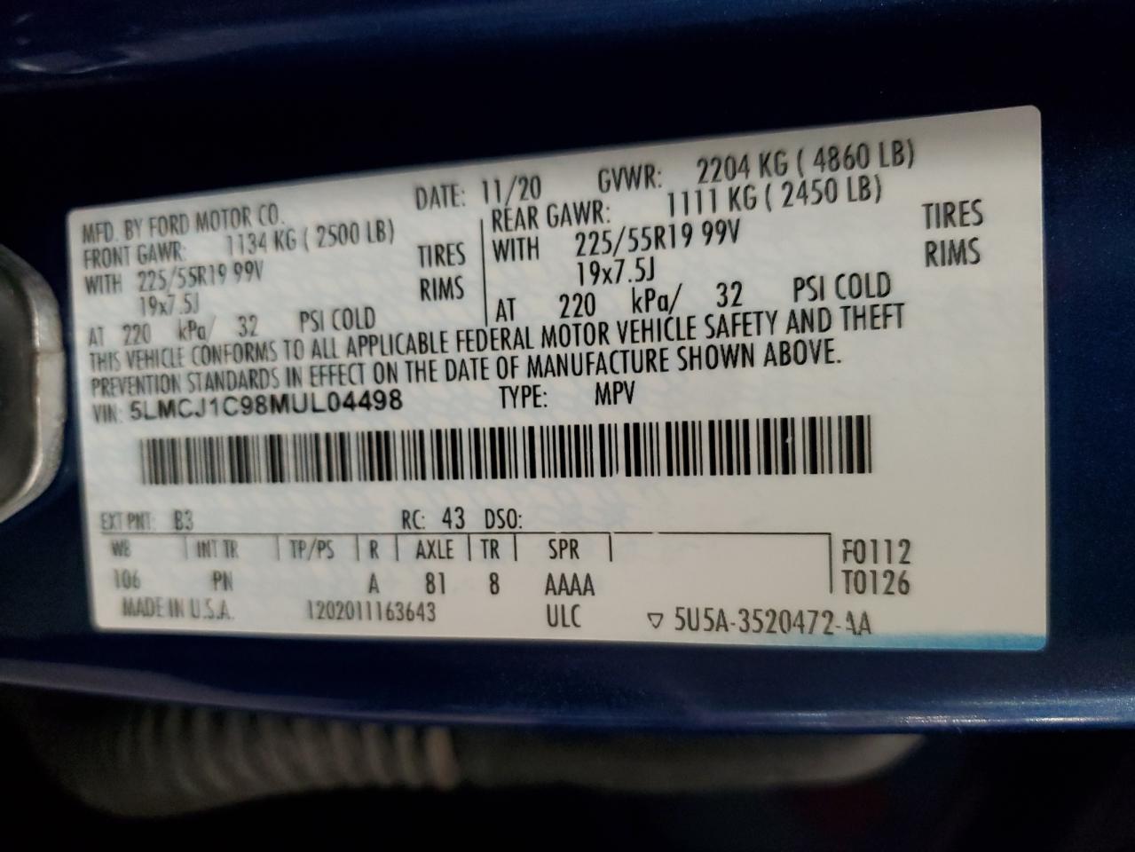 2021 Lincoln Corsair VIN: 5LMCJ1C98MUL04498 Lot: 91494975