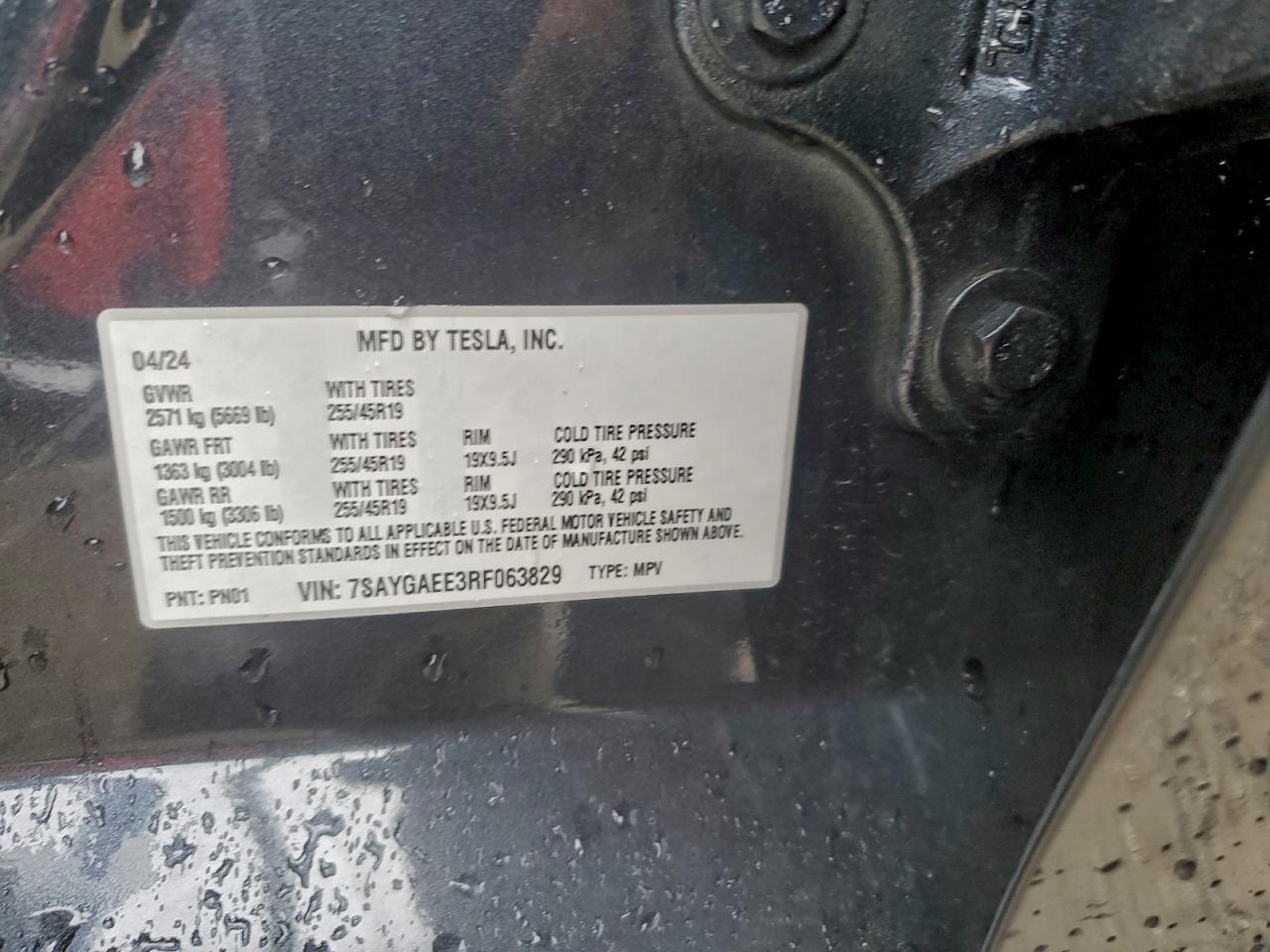 2024 Tesla Model Y VIN: 7SAYGAEE3RF063829 Lot: 93368885