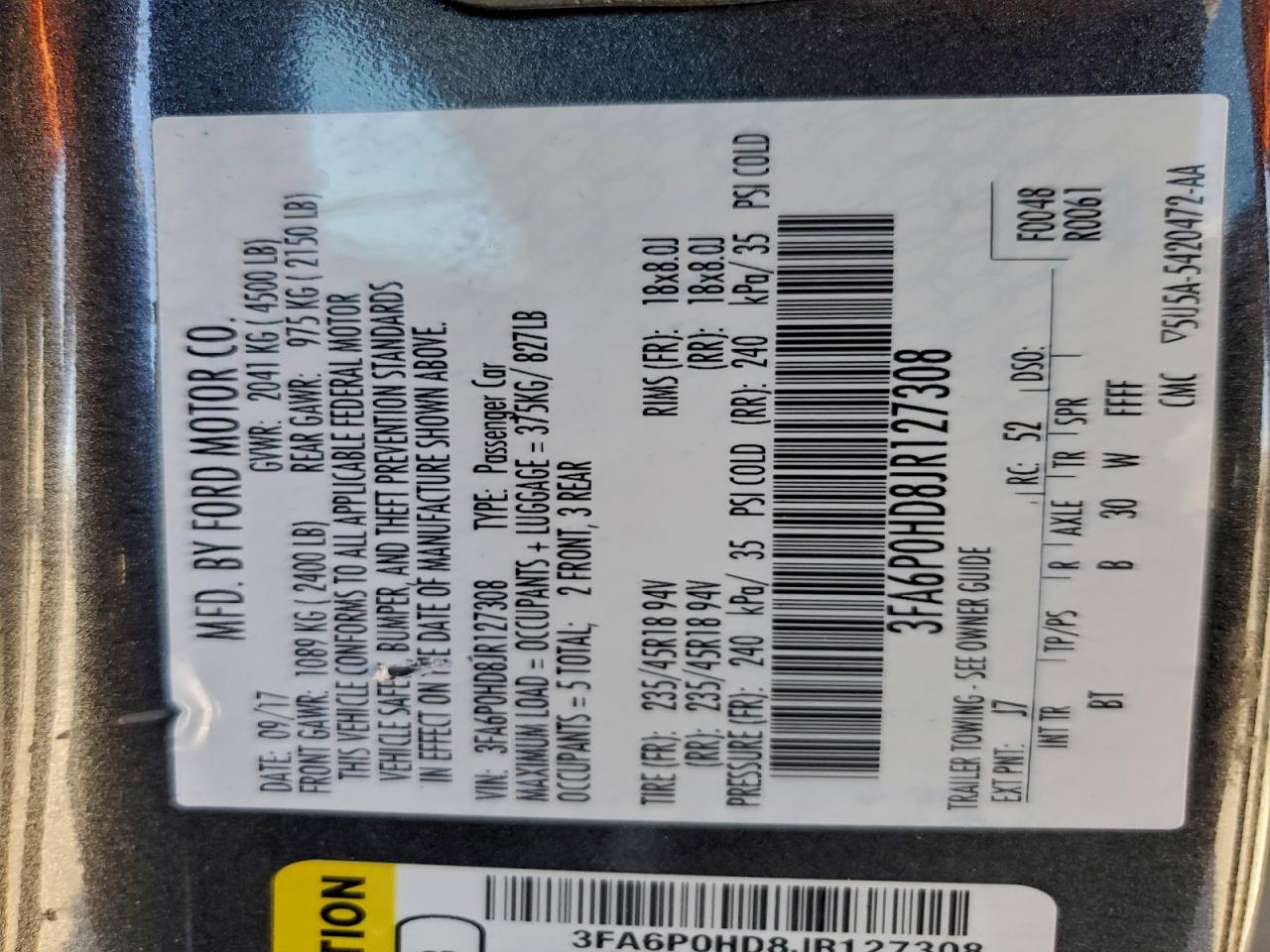 2018 Ford Fusion Se VIN: 3FA6P0HD8JR127308 Lot: 92710335