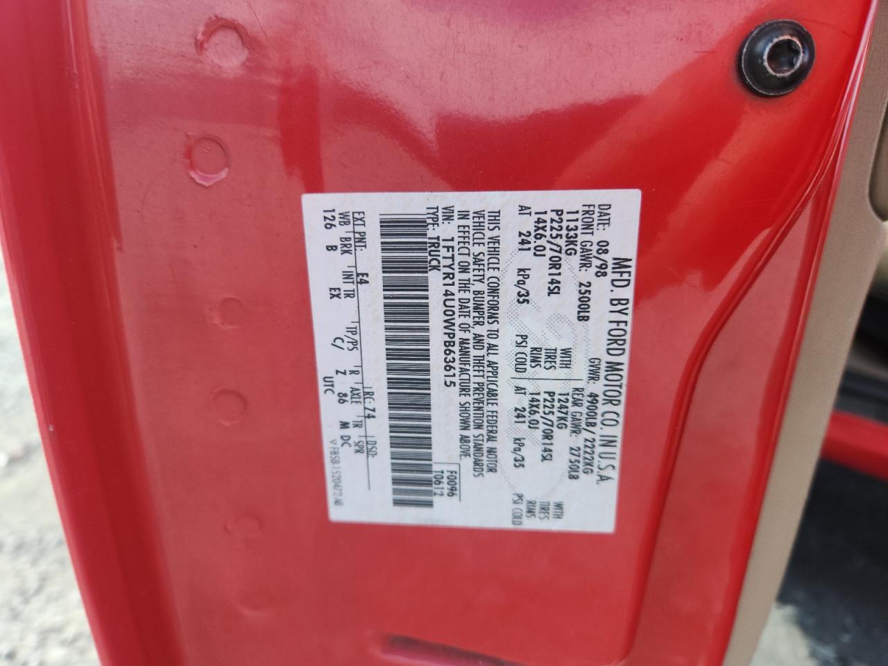 1998 Ford Ranger Super Cab VIN: 1FTYR14U0WPB63615 Lot: 92463705