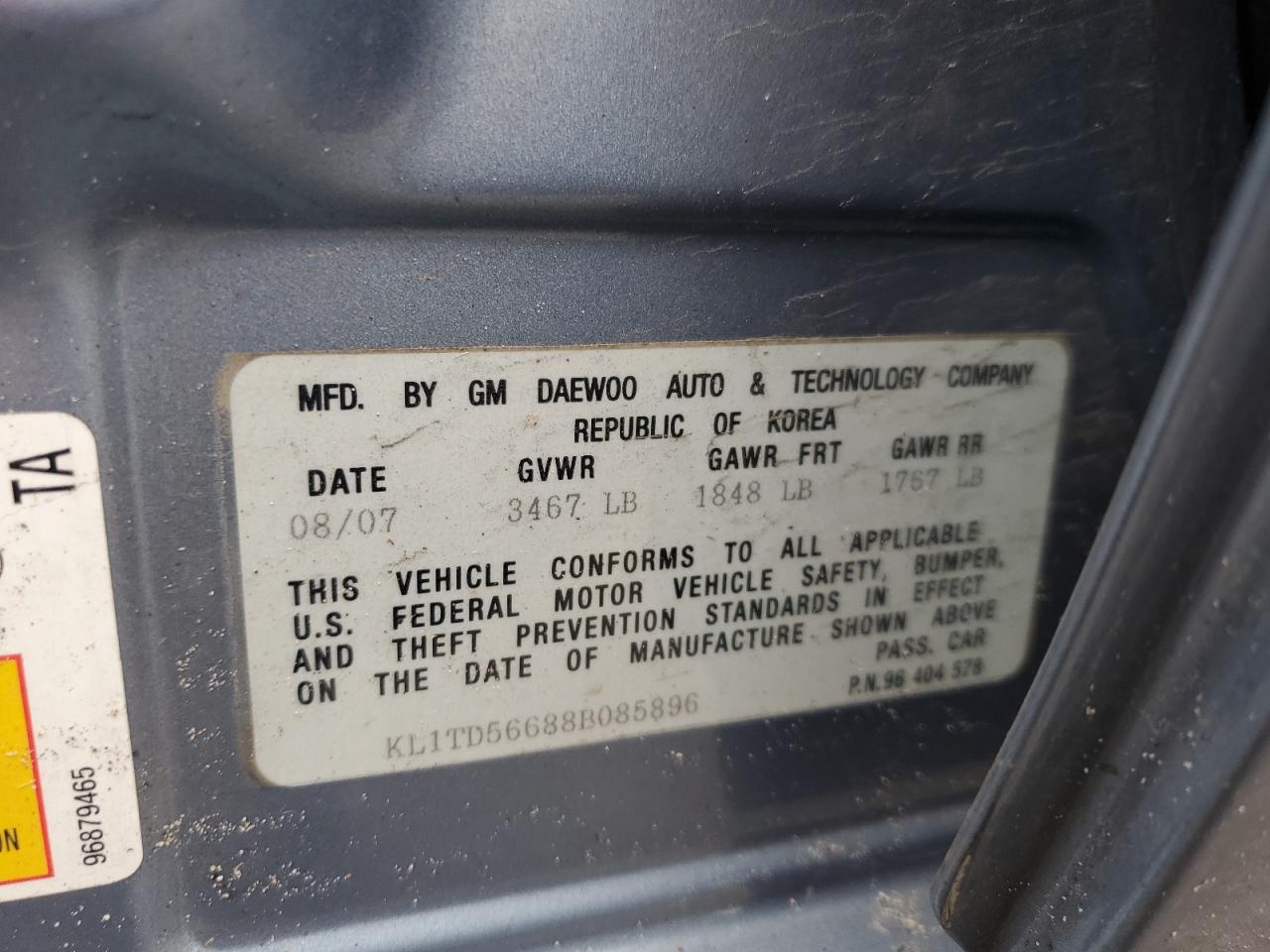 2008 Chevrolet Aveo Base VIN: KL1TD56688B085896 Lot: 91834695