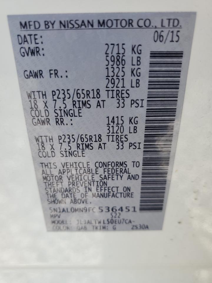 2015 Infiniti Qx60 VIN: 5N1AL0MN9FC536451 Lot: 93060465