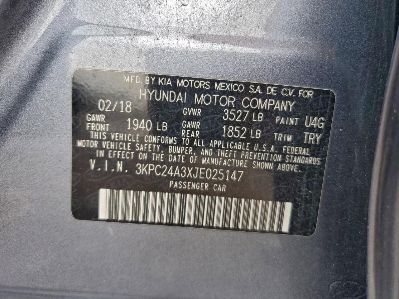 2018 Hyundai Accent Se VIN: 3KPC24A3XJE025147 Lot: 94541525