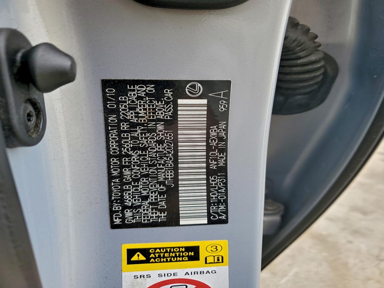 2010 Lexus Hs 250H VIN: JTHBB1BA5A2027651 Lot: 94471205