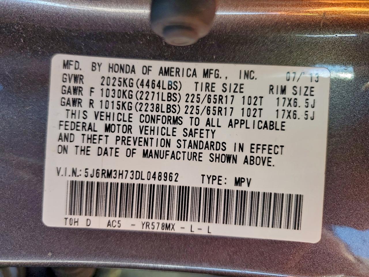 2013 Honda Cr-V Exl VIN: 5J6RM3H73DL048962 Lot: 94574455