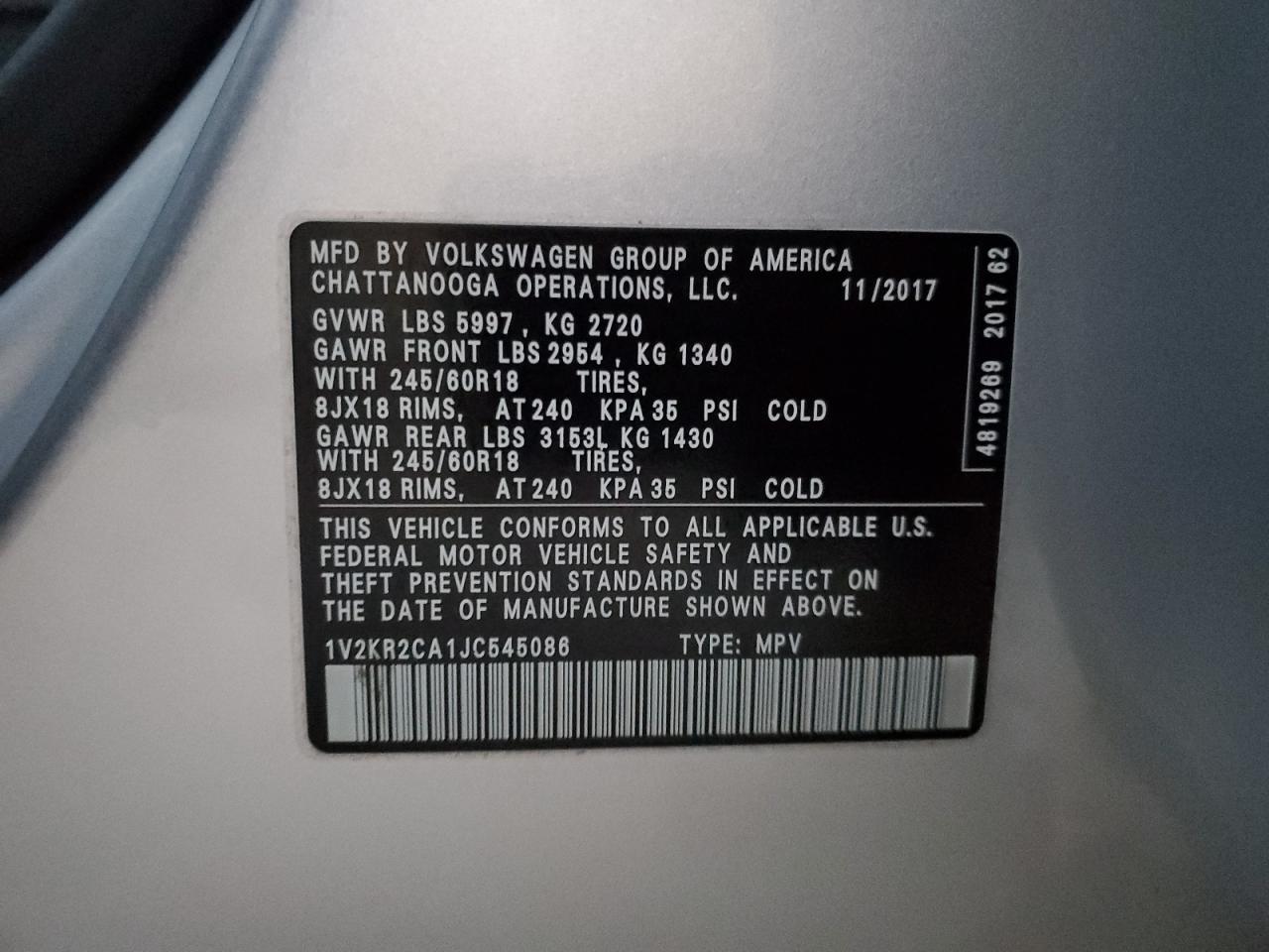 2018 Volkswagen Atlas Se VIN: 1V2KR2CA1JC545086 Lot: 92932195