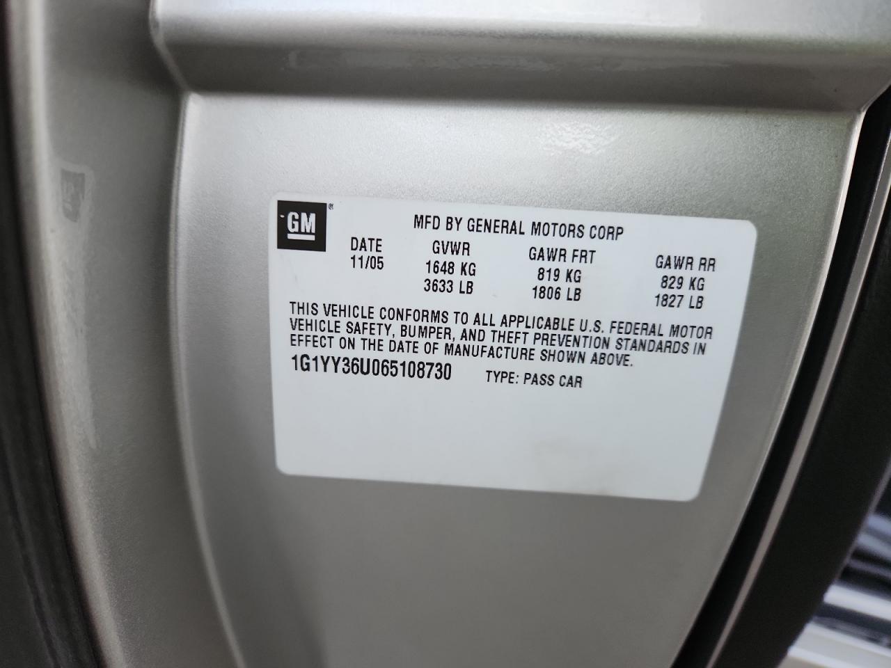 2006 Chevrolet Corvette VIN: 1G1YY36U065108730 Lot: 92569485