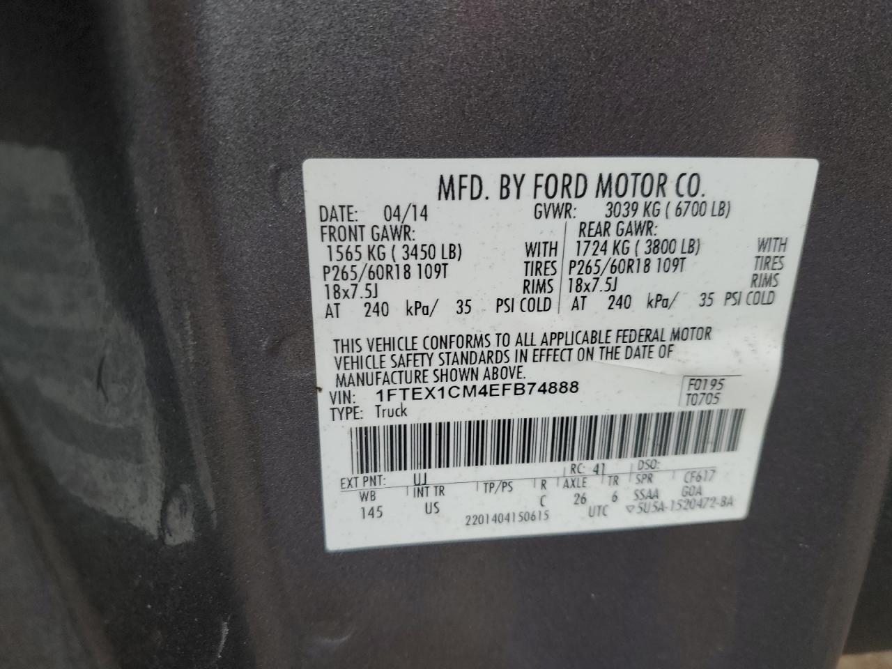 2014 Ford F150 Super Cab VIN: 1FTEX1CM4EFB74888 Lot: 93689205