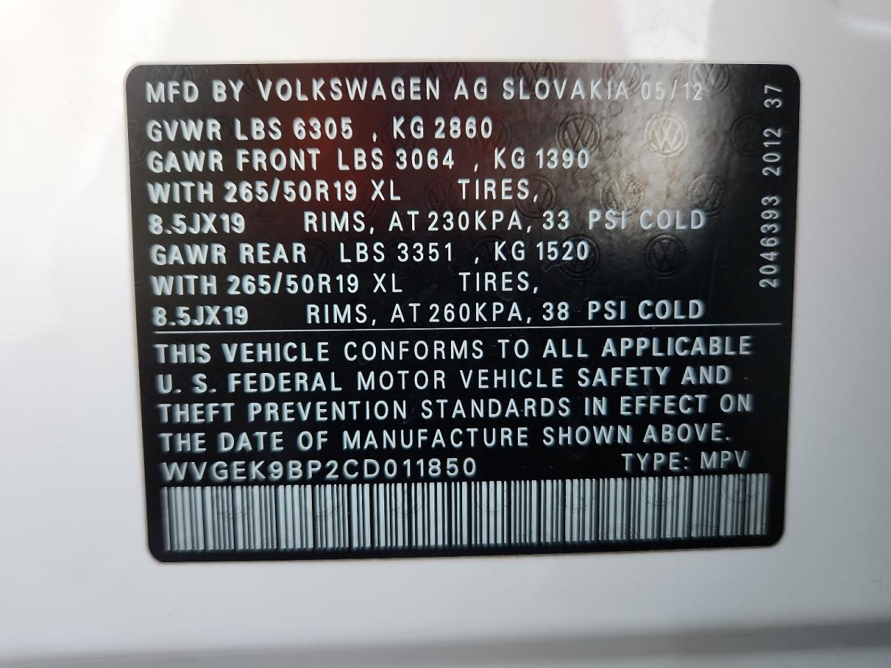 2012 Volkswagen Touareg V6 Tdi VIN: WVGEK9BP2CD011850 Lot: 92739195