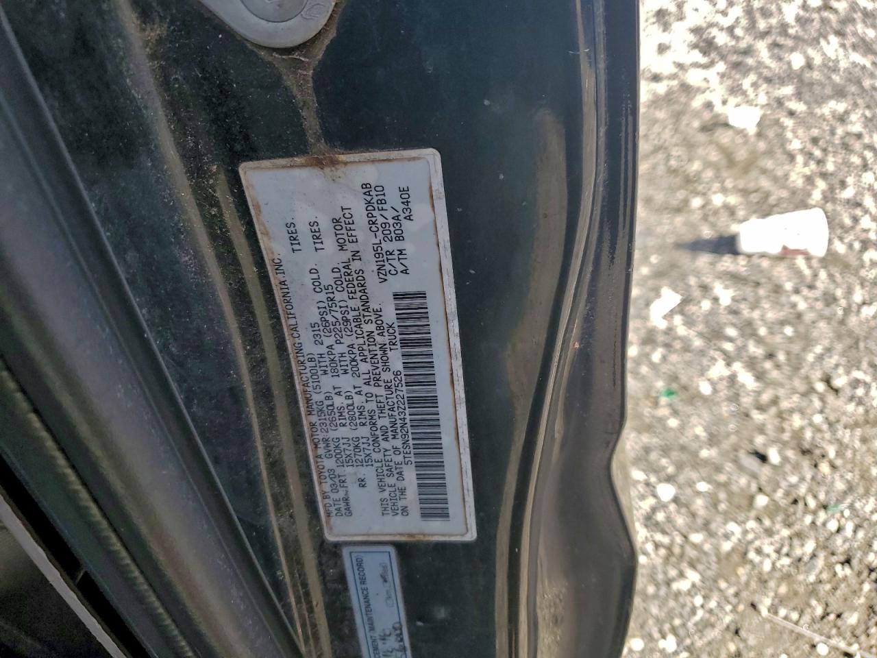 2003 Toyota Tacoma Xtracab Prerunner VIN: 5TESN92N43Z227526 Lot: 93818105