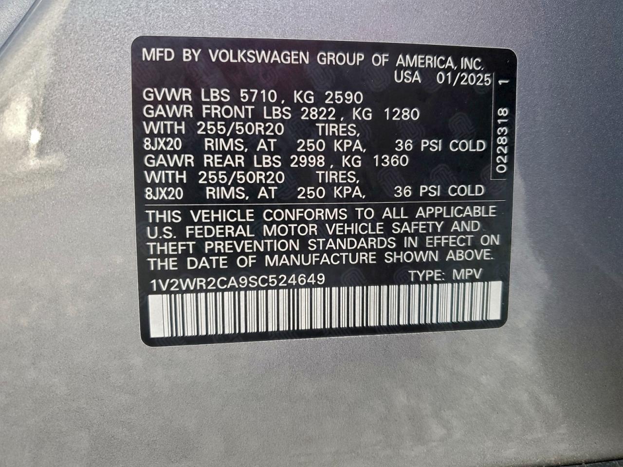 2025 Volkswagen Atlas Se VIN: 1V2WR2CA9SC524649 Lot: 94086025