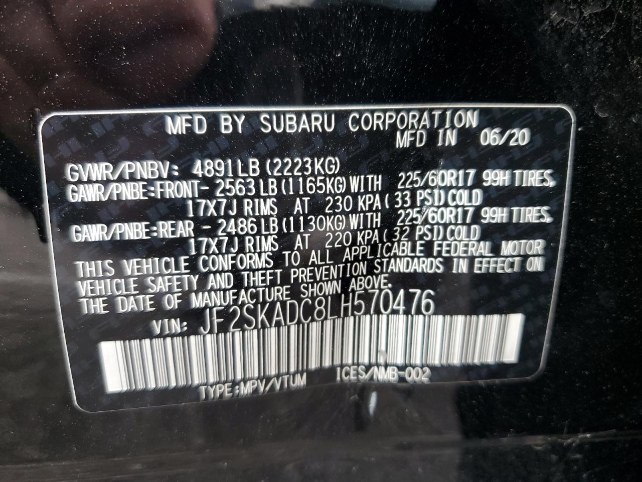 2020 Subaru Forester VIN: JF2SKADC8LH570476 Lot: 92425215