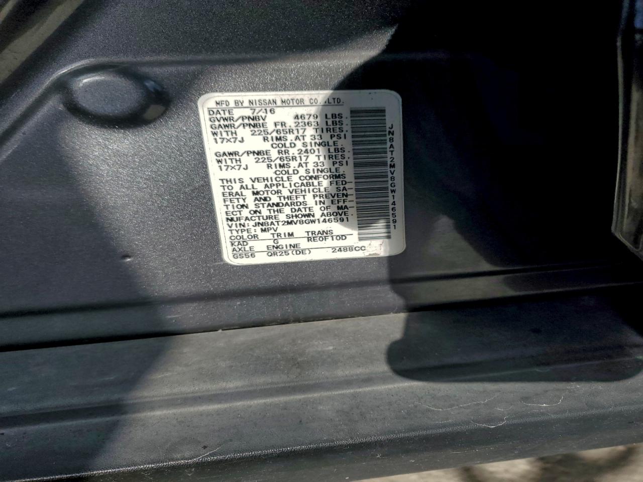 2016 Nissan Rogue S VIN: JN8AT2MV8GW146591 Lot: 94551555