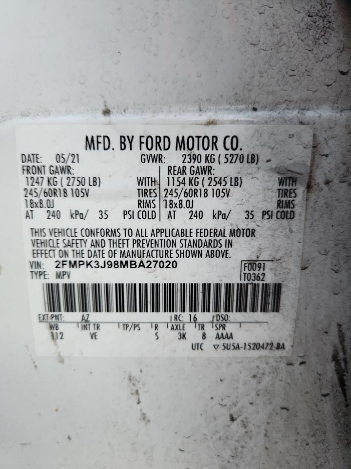 2021 Ford Edge Sel VIN: 2FMPK3J98MBA27020 Lot: 92924205