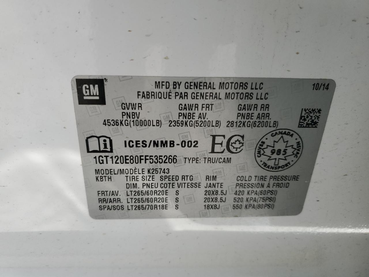 2015 GMC Sierra K2500 Denali VIN: 1GT120E80FF535266 Lot: 92426485