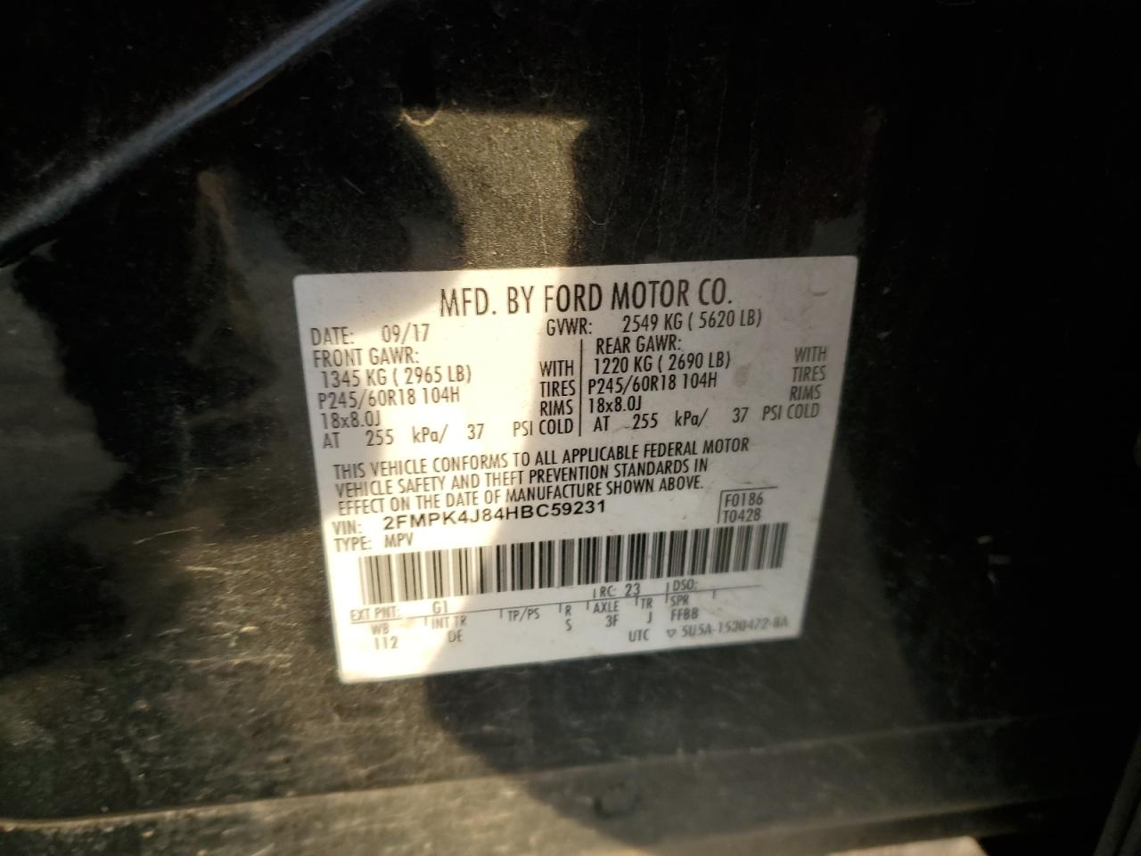 2017 Ford Edge Sel VIN: 2FMPK4J84HBC59231 Lot: 91851075