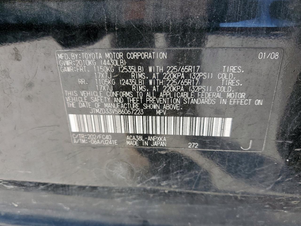 2008 Toyota Rav4 VIN: JTMZD33V586067223 Lot: 92013055