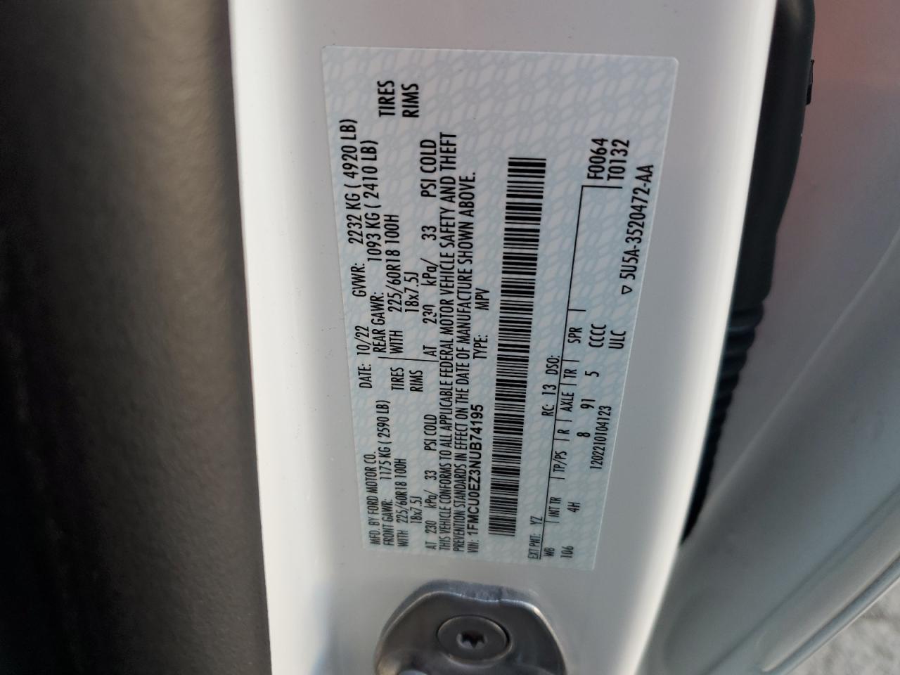 2022 Ford Escape Se VIN: 1FMCU0EZ3NUB74195 Lot: 92681815