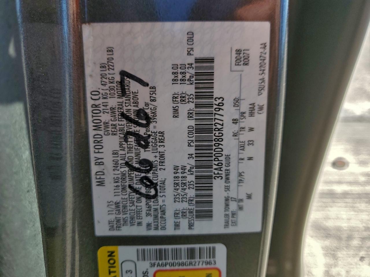 2016 Ford Fusion Titanium VIN: 3FA6P0D98GR277963 Lot: 91485655