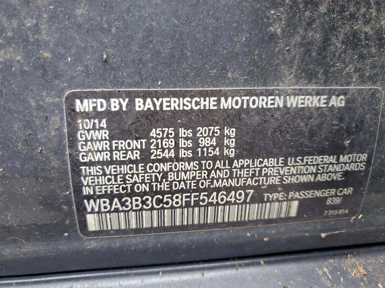 2015 BMW 328 Xi VIN: WBA3B3C58FF546497 Lot: 94452355