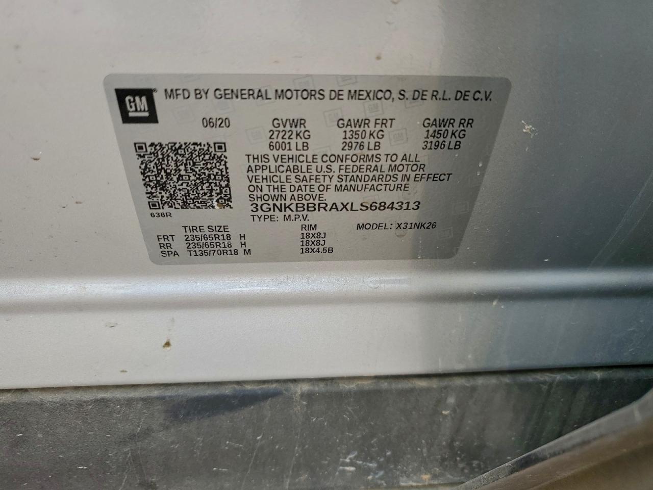 2020 Chevrolet Blazer 1Lt VIN: 3GNKBBRAXLS684313 Lot: 93942535