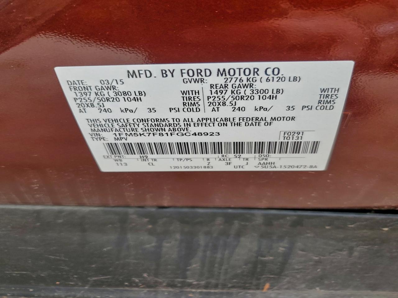 2015 Ford Explorer Limited VIN: 1FM5K7F81FGC48923 Lot: 94098765