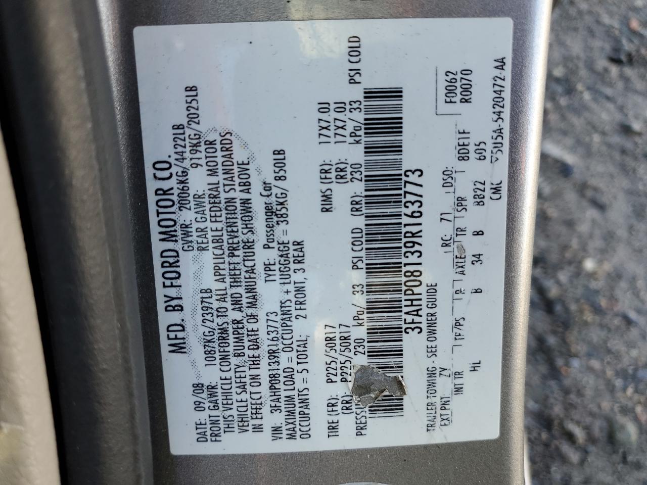 2009 Ford Fusion Sel VIN: 3FAHP08139R163773 Lot: 93332595