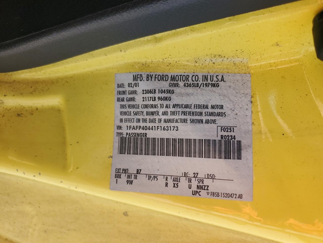 2001 Ford Mustang VIN: 1FAFP40441F163173 Lot: 91308985