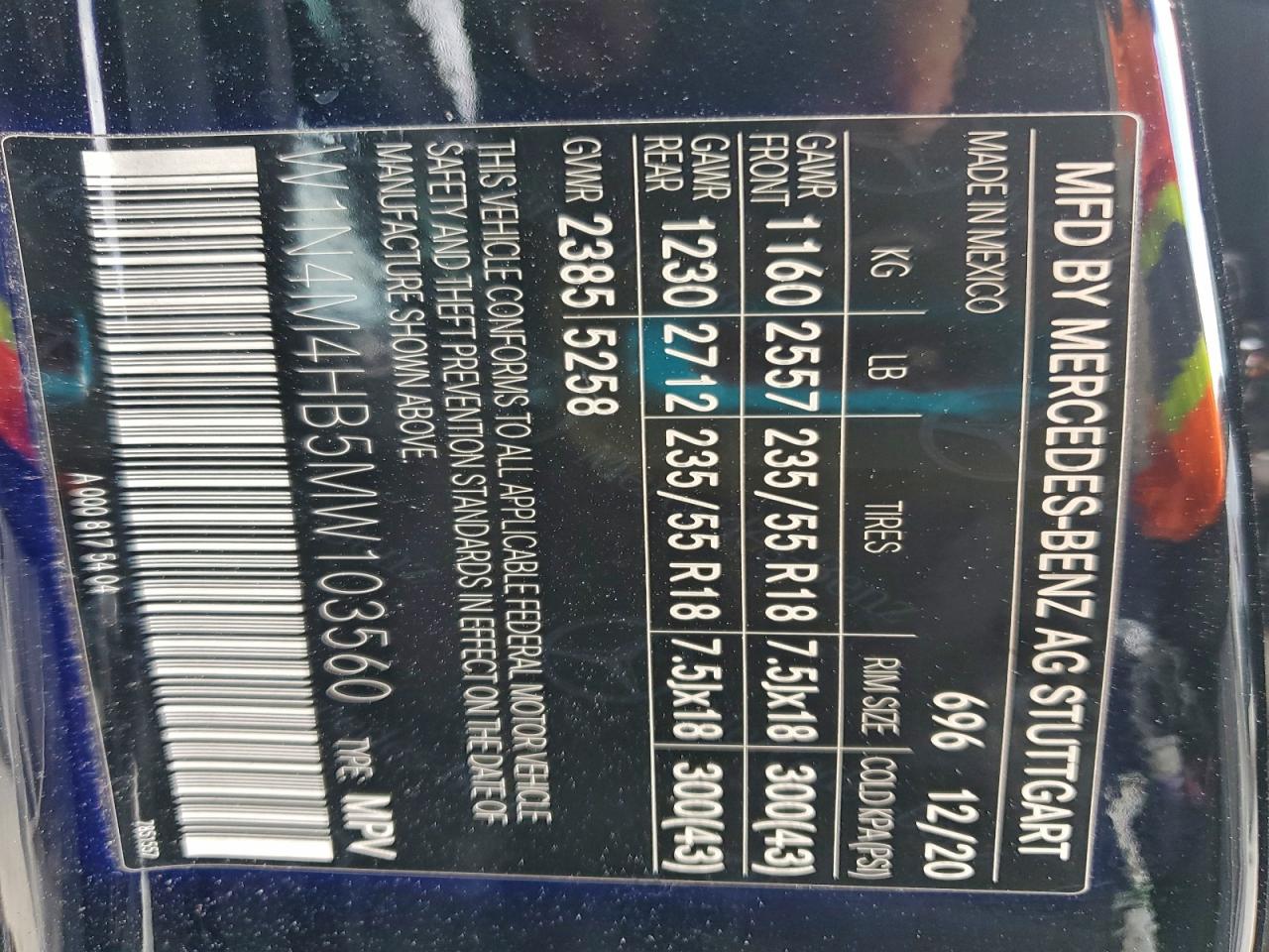 2021 Mercedes-Benz Glb 250 4Matic VIN: W1N4M4HB5MW103560 Lot: 92845875