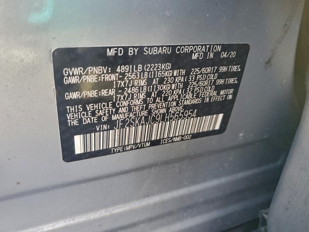 2020 Subaru Forester Premium VIN: JF2SKAJC9LH565954 Lot: 93811855