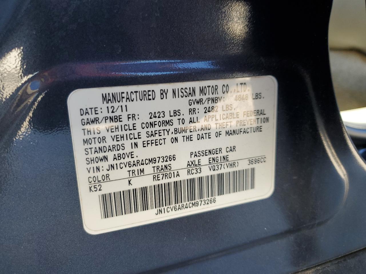 2012 Infiniti G37 VIN: JN1CV6AR4CM973266 Lot: 91365225