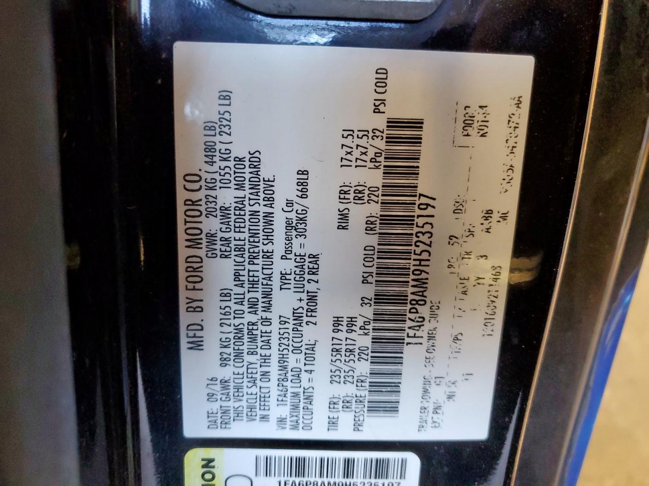 2017 Ford Mustang VIN: 1FA6P8AM9H5235197 Lot: 92288535