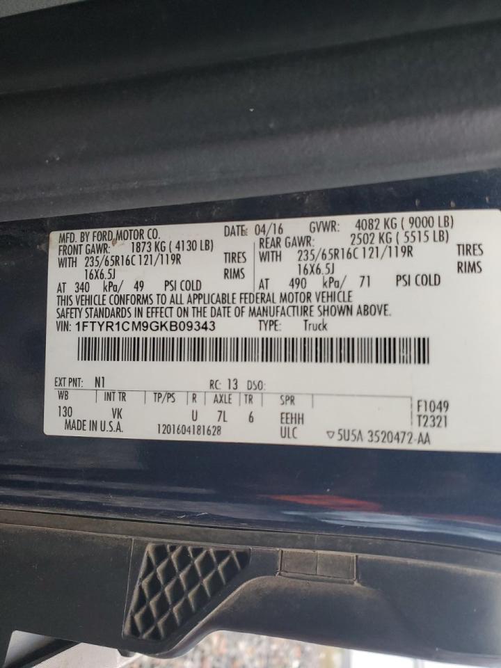 2016 Ford Transit Delivery Van VIN: 1FTYR1CM9GKB09343 Lot: 91130675