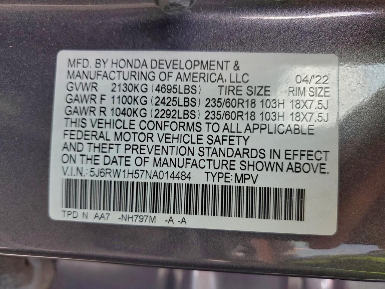 2022 Honda Cr-V Ex VIN: 5J6RW1H57NA014484 Lot: 93750135