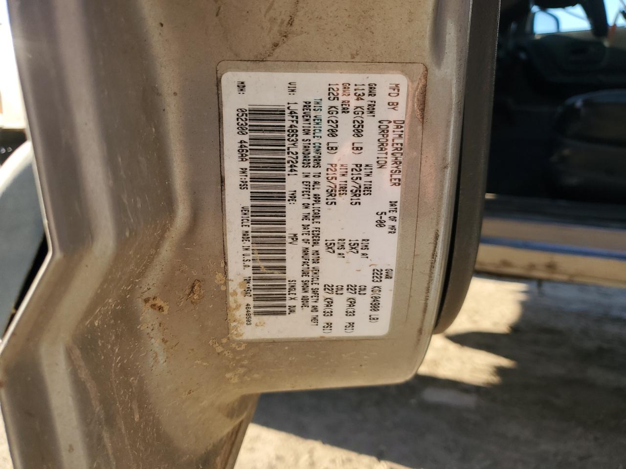 2000 Jeep Cherokee Sport VIN: 1J4FF48S3YL272441 Lot: 92917685