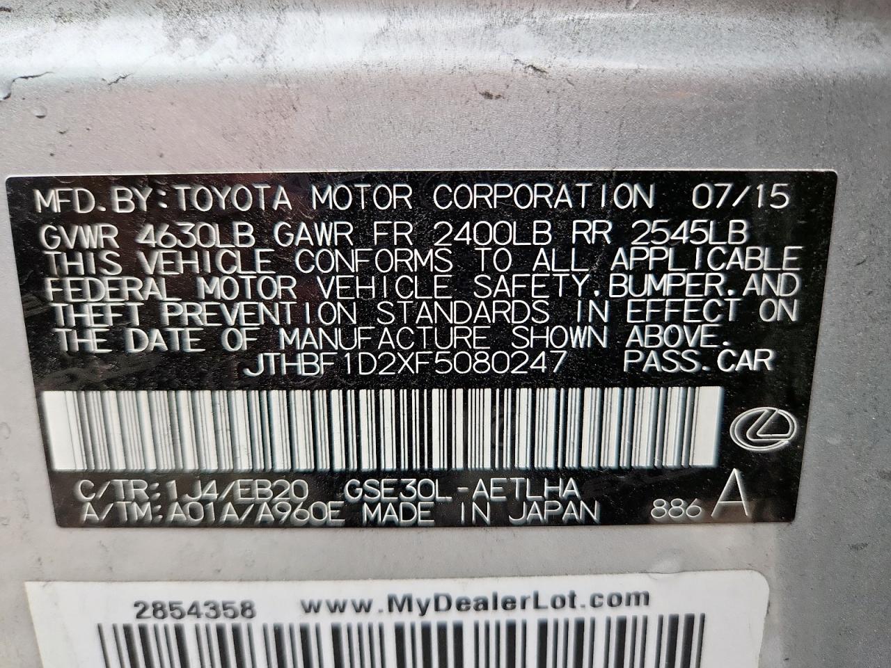 2015 Lexus Is 250 VIN: JTHBF1D2XF5080247 Lot: 93676465