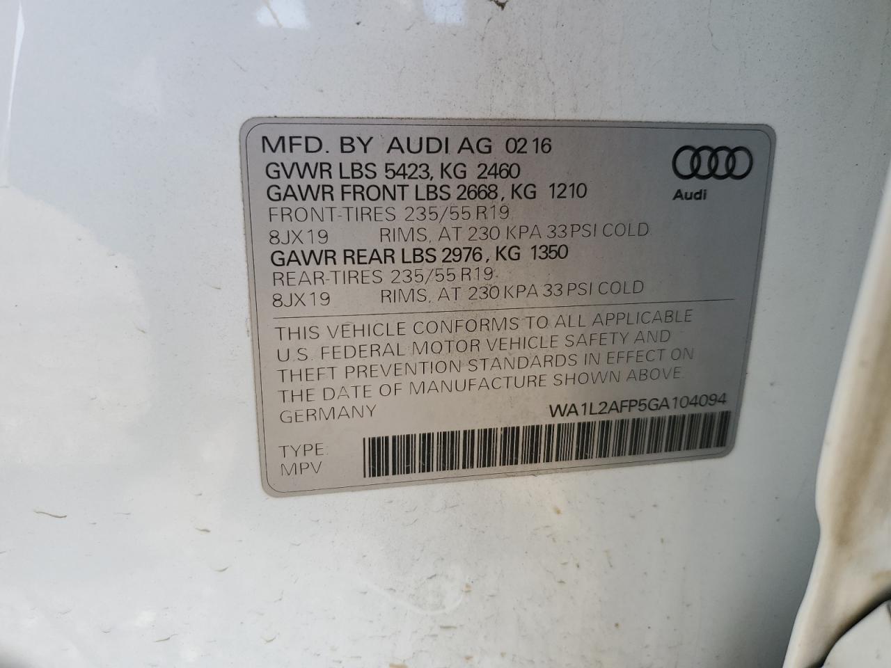 2016 Audi Q5 Premium Plus VIN: WA1L2AFP5GA104094 Lot: 90107025