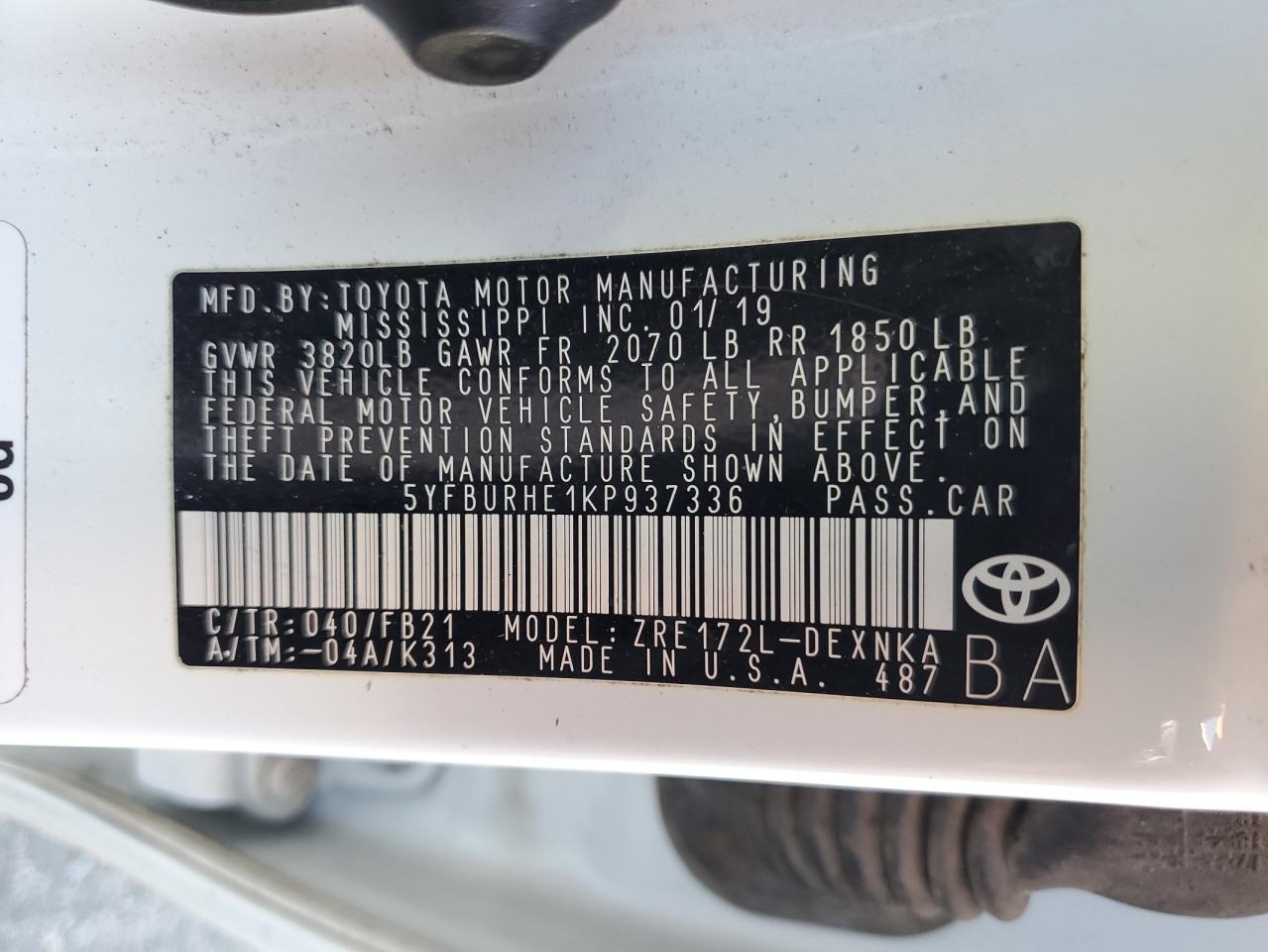 2019 Toyota Corolla L VIN: 5YFBURHE1KP937336 Lot: 93198345