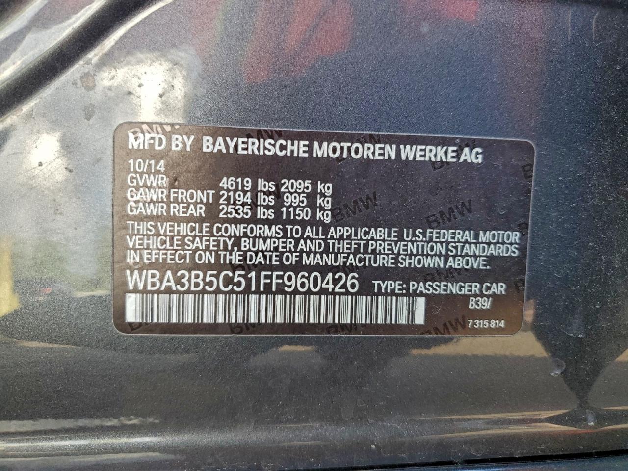 2015 BMW 328 Xi Sulev VIN: WBA3B5C51FF960426 Lot: 94271265