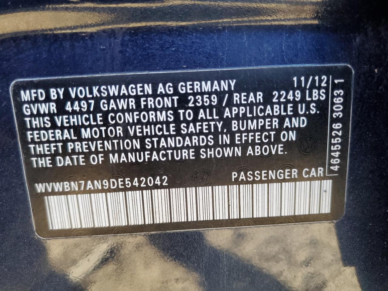 2013 Volkswagen Cc Sport VIN: WVWBN7AN9DE542042 Lot: 91320495