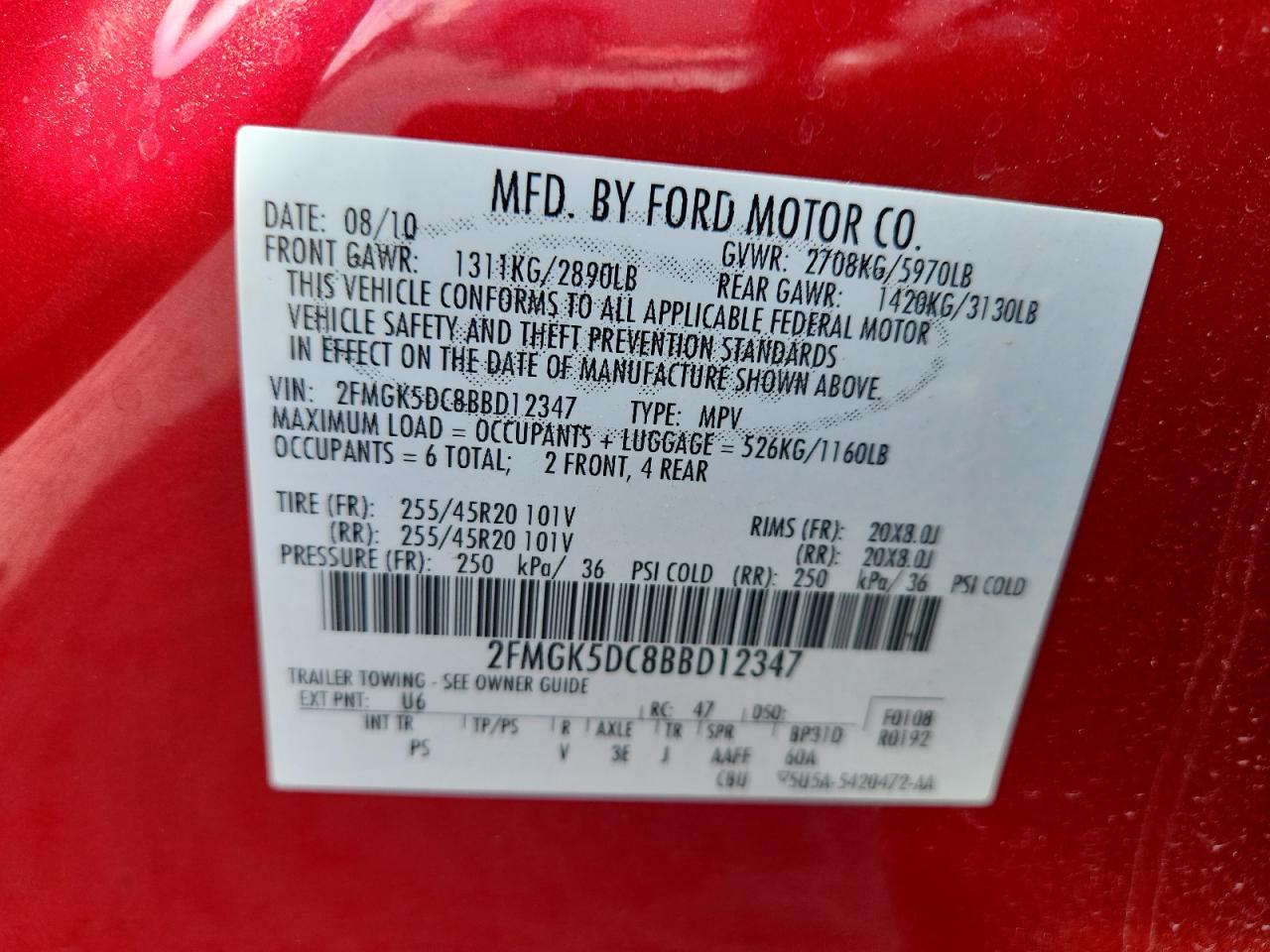 2011 Ford Flex Limited VIN: 2FMGK5DC8BBD12347 Lot: 92101055