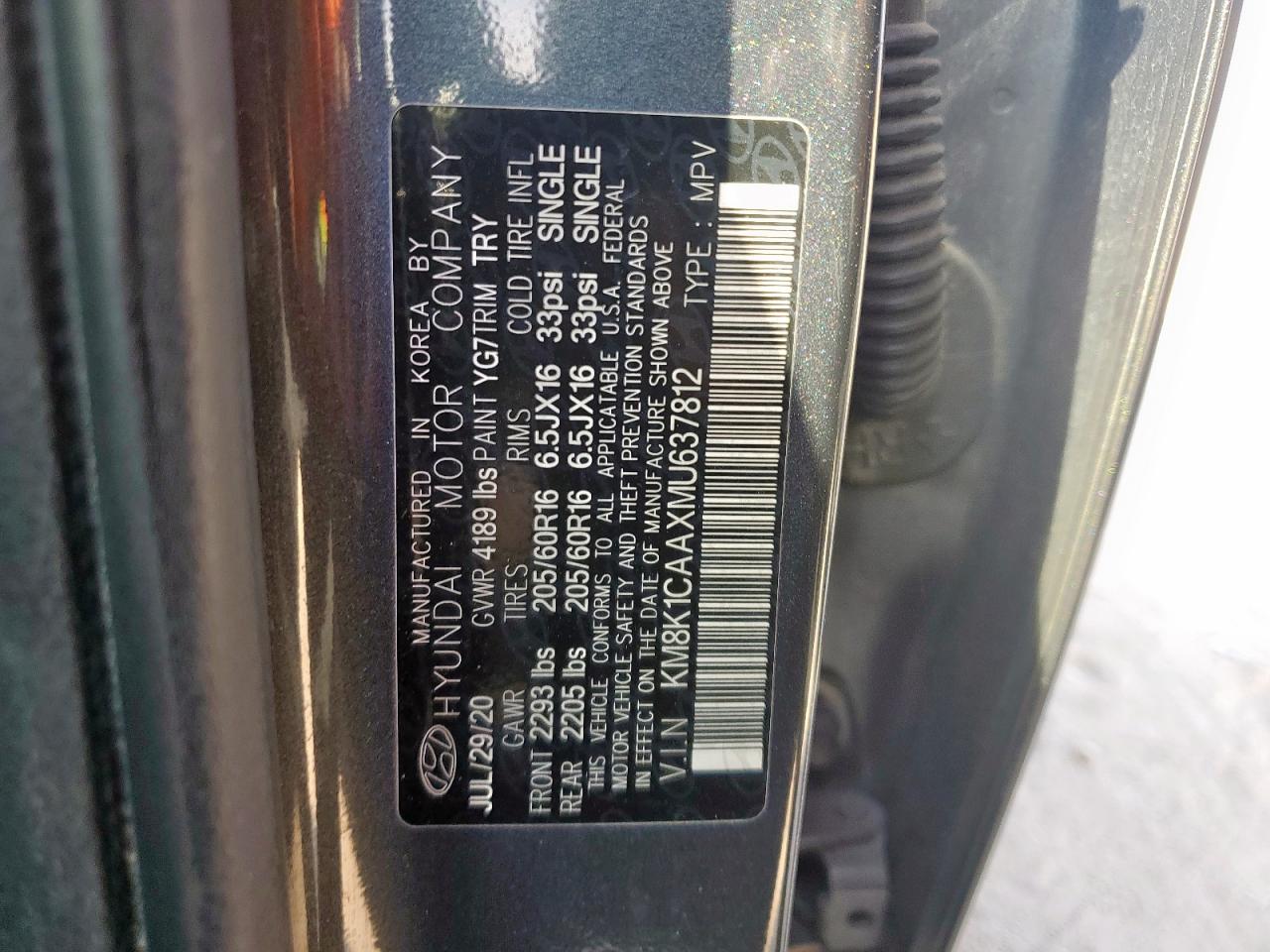 2021 Hyundai Kona Se VIN: KM8K1CAAXMU637812 Lot: 90929885