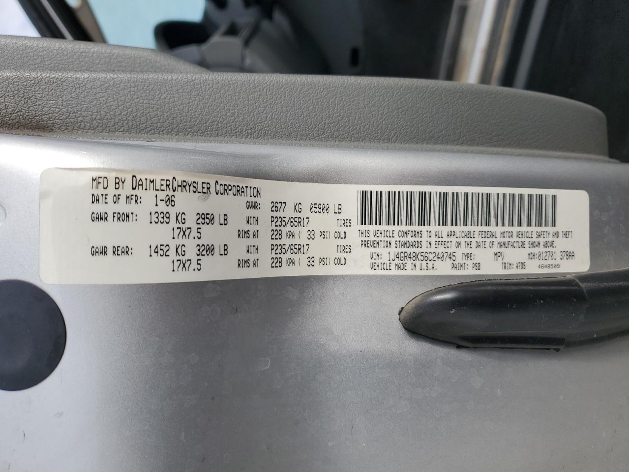 2006 Jeep Grand Cherokee Laredo VIN: 1J4GR48K56C240745 Lot: 90720635