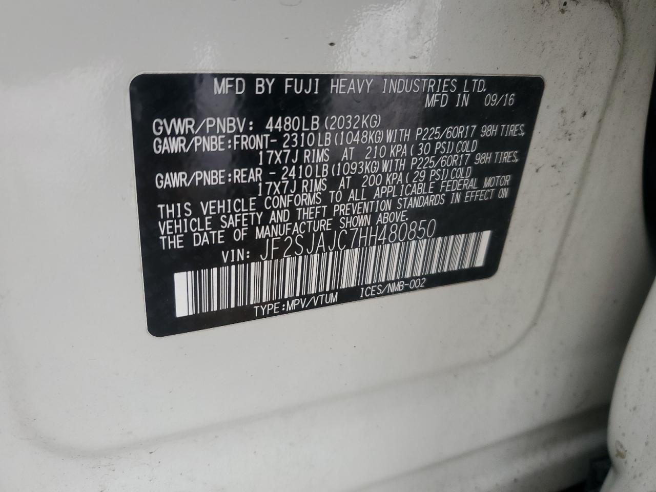 2017 Subaru Forester 2.5I Limited VIN: JF2SJAJC7HH480850 Lot: 92212255