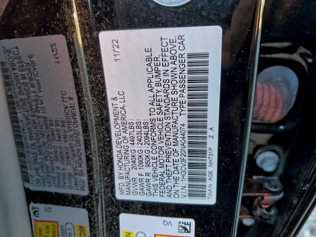 2022 Honda Accord Hybrid Sport VIN: 1HGCV3F20NA044074 Lot: 93588795