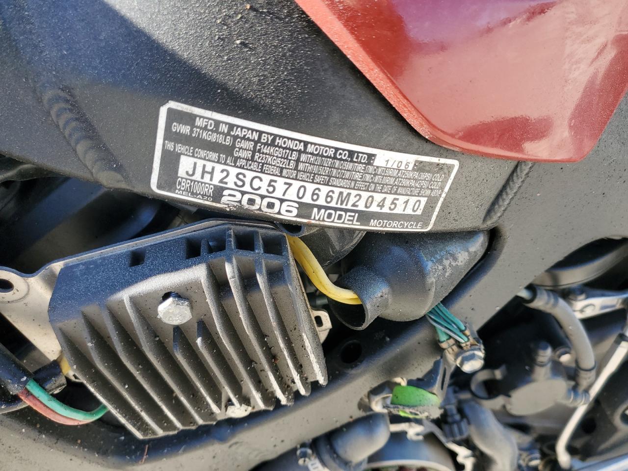 2006 Honda Cbr1000 Rr VIN: JH2SC57066M204510 Lot: 92396495