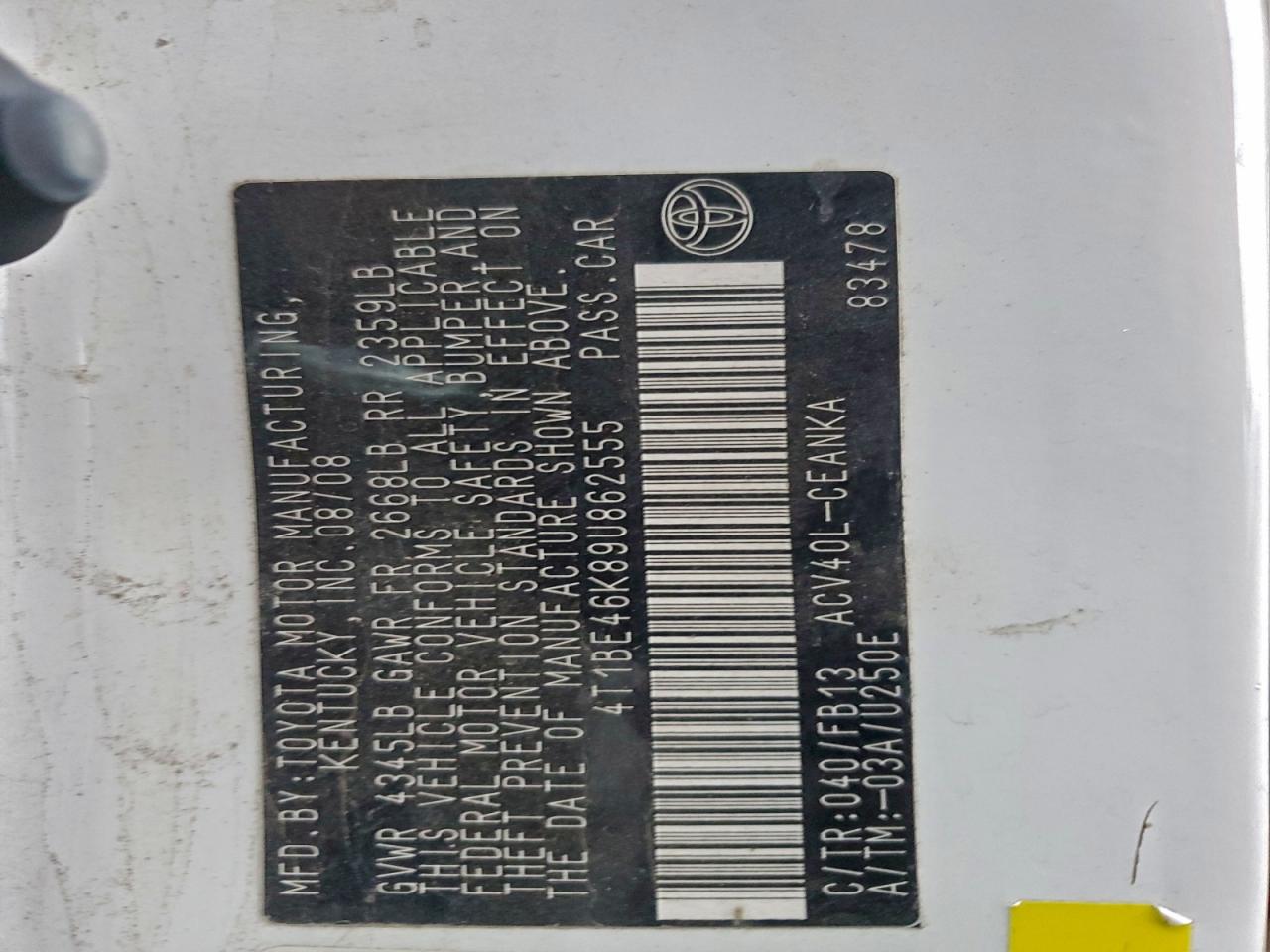 2009 Toyota Camry Base VIN: 4T1BE46K89U862555 Lot: 94698645